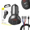 Baseus autós töltő 24 W-os kijelzővel + 3 az 1-ben Baseus három színű 1,2 m-es USB kábel
